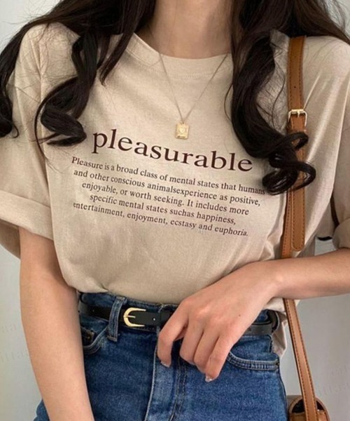 Dalfwin（ダールフィン）の「2022 S/S 春夏 韓国ファッション Tシャツ半袖レディース pleasurableレタリングTシャツ（Tシャツ/カットソー・レディース・ネイビー/ベージュ/アイボリー・FREE）」の2枚目の写真