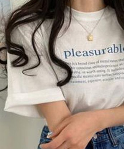 Dalfwin（ダールフィン）の「2022 S/S 春夏 韓国ファッション Tシャツ半袖レディース pleasurableレタリングTシャツ（Tシャツ/カットソー・レディース・ネイビー/ベージュ/アイボリー・FREE）」の9枚目の写真