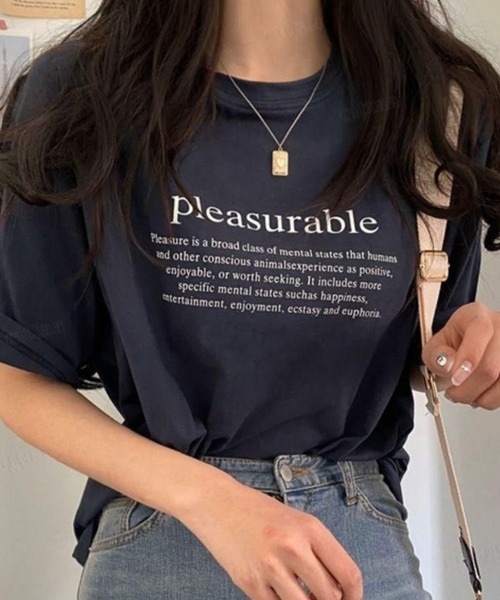 Dalfwin（ダールフィン）の「2022 S/S 春夏 韓国ファッション Tシャツ半袖レディース pleasurableレタリングTシャツ（Tシャツ/カットソー・レディース・ネイビー/ベージュ/アイボリー・FREE）」の6枚目の写真