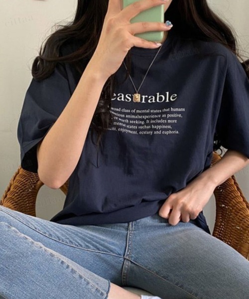 Dalfwin（ダールフィン）の「2022 S/S 春夏 韓国ファッション Tシャツ半袖レディース pleasurableレタリングTシャツ（Tシャツ/カットソー・レディース・ネイビー/ベージュ/アイボリー・FREE）」の10枚目の写真