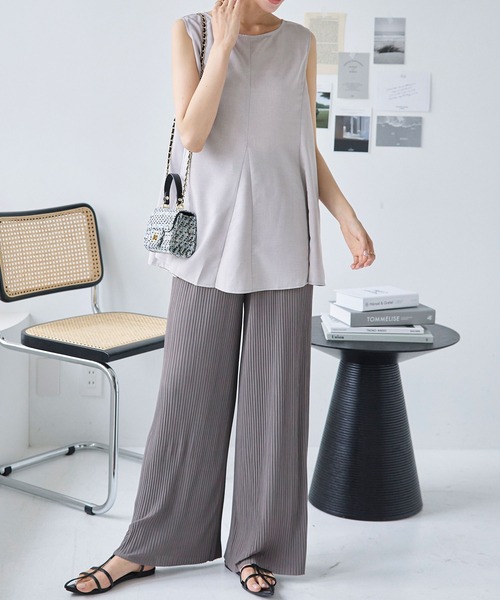 リネンタッチノースリーブチュニックブラウス