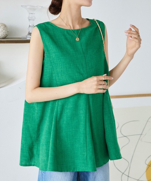 リネンタッチノースリーブチュニックブラウス