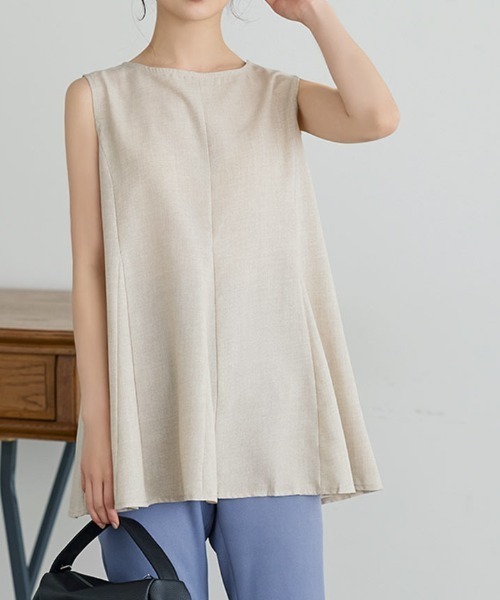 リネンタッチノースリーブチュニックブラウス