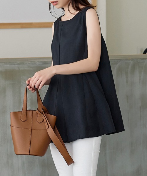 リネンタッチノースリーブチュニックブラウス