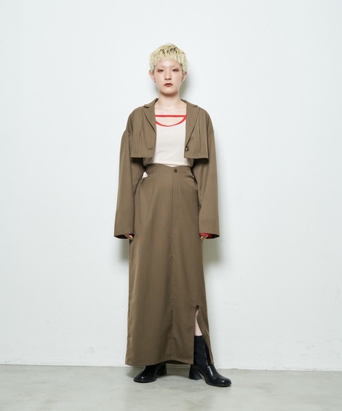 Solace（ソレイス）の「ピンストライプナロースカート+ブラビスチェ/上下2点セット（スカート・レディース・ベージュ/ブラック・L/M）」の8枚目の写真