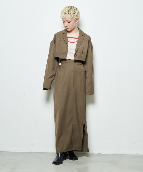 Solace（ソレイス）の「ピンストライプナロースカート+ブラビスチェ/上下2点セット（スカート・レディース・ベージュ/ブラック・L/M）」の10枚目の写真