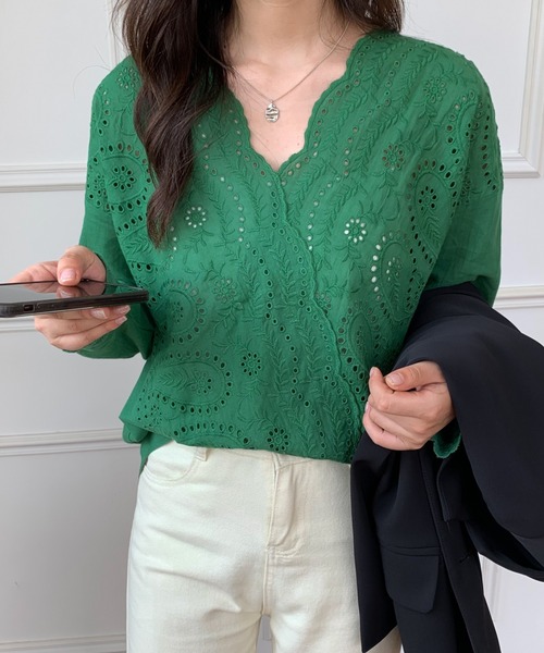 セール】カシュクールカットワーク刺繍ブラウス（シャツ