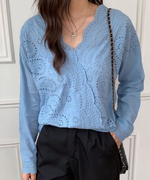 セール】カシュクールカットワーク刺繍ブラウス（シャツ