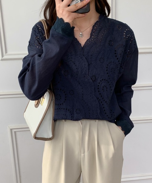 アドーア　パネルカットワーク　刺繍ブラウス　定価3.9万　ブラック　38 セール】カシュクールカットワーク刺繍ブラウス（シャツ
