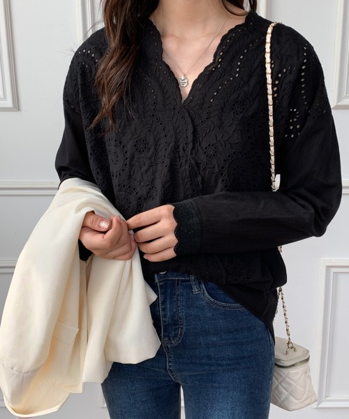 セール】カシュクールカットワーク刺繍ブラウス（シャツ