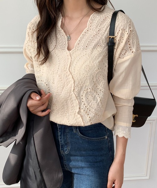 アドーア シャツ ブラウス カットワーク 刺繍 半袖 セール】カシュクールカットワーク刺繍ブラウス（シャツ