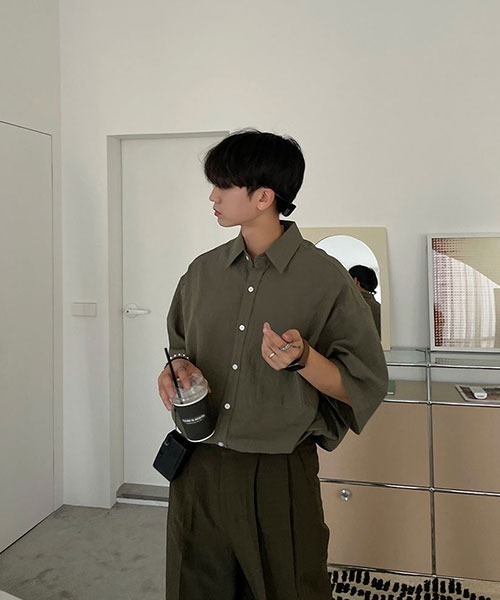 ASCLO（エジュクロ）の「ASCLO  Overfit Linen Half Shirt (4color)（シャツ/ブラウス・メンズ・カーキ/ブラック/スカイブルー/ホワイト・FREE）」の9枚目の写真