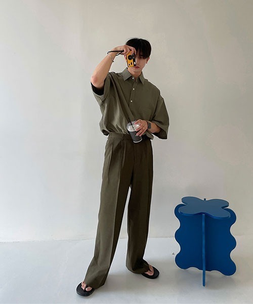 ASCLO（エジュクロ）の「ASCLO  Overfit Linen Half Shirt (4color)（シャツ/ブラウス・メンズ・カーキ/ブラック/スカイブルー/ホワイト・FREE）」の6枚目の写真