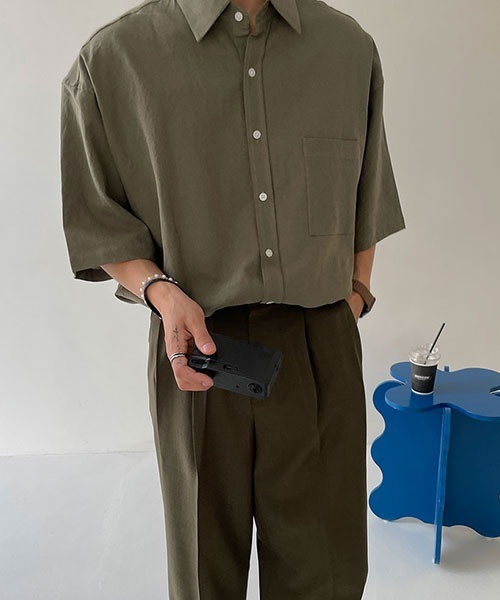 ASCLO（エジュクロ）の「ASCLO  Overfit Linen Half Shirt (4color)（シャツ/ブラウス・メンズ・カーキ/ブラック/スカイブルー/ホワイト・FREE）」の11枚目の写真