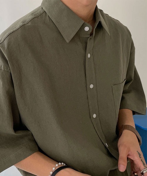 ASCLO（エジュクロ）の「ASCLO  Overfit Linen Half Shirt (4color)（シャツ/ブラウス・メンズ・カーキ/ブラック/スカイブルー/ホワイト・FREE）」の7枚目の写真