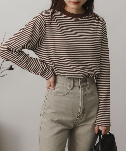 SENSE OF PLACE by URBAN RESEARCH(センスオブプレイスバイアーバンリサーチ)の「リンガーボーダーロングTシャツ(Tシャツ/カットソー・レディース・ブラック系その他/ブラウン系その他/グリーン系その他/パープル系その他/イエロー系その他/オレンジ系その他・ONE)」の3枚目の写真