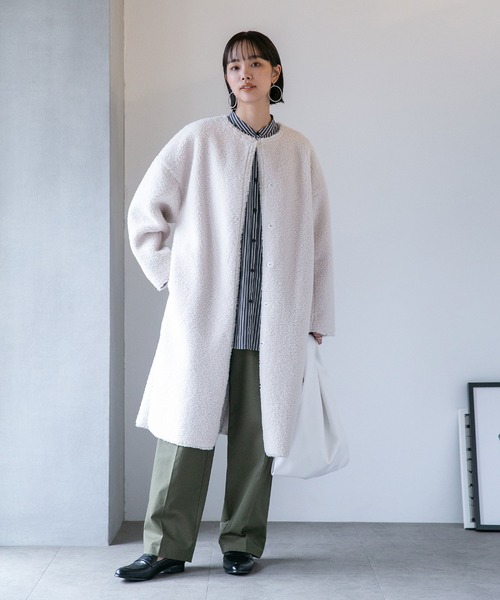 タグ付き新品未使用✨ナノユニバース ノーカラームートンボアコート アイボリー F NANO universe（ナノユニバース）の「LB.04/ノーカラームートンボア