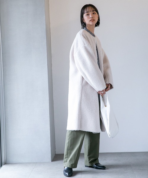 タグ付き新品未使用✨ナノユニバース ノーカラームートンボアコート アイボリー F NANO universe（ナノユニバース）の「LB.04/ノーカラームートンボア