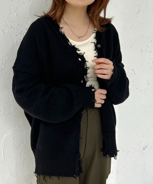 美品✨メゾンドソイル アルパカ混 ブークレ ポンチョ カーディガン 黒 ゆったり セール】ショート丈ワイドVネックカーディガン（カーディガン/ボレロ