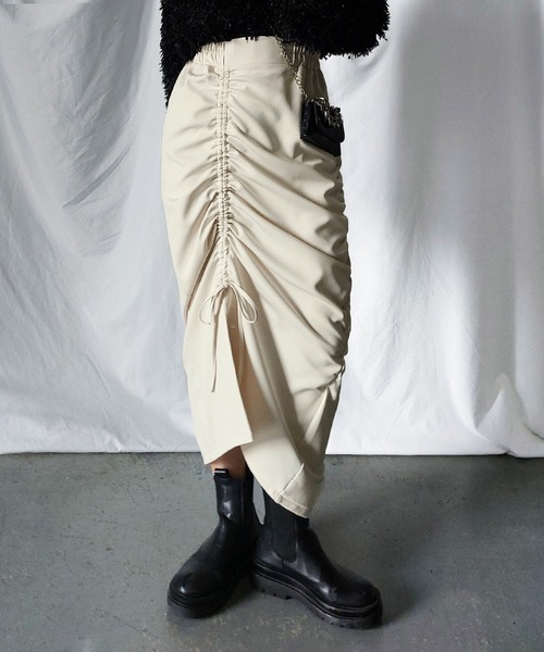 me+em select（ミームセレクト）の「※※【 ７color 】シャーリングリボンギャザースリットスカート（スカート・レディース・グリーン/ブラック/アイボリー/サンドベージュ/チャコール/ブルー/グレー・MEDIUM/LARGE/SMALL）」の2枚目の写真