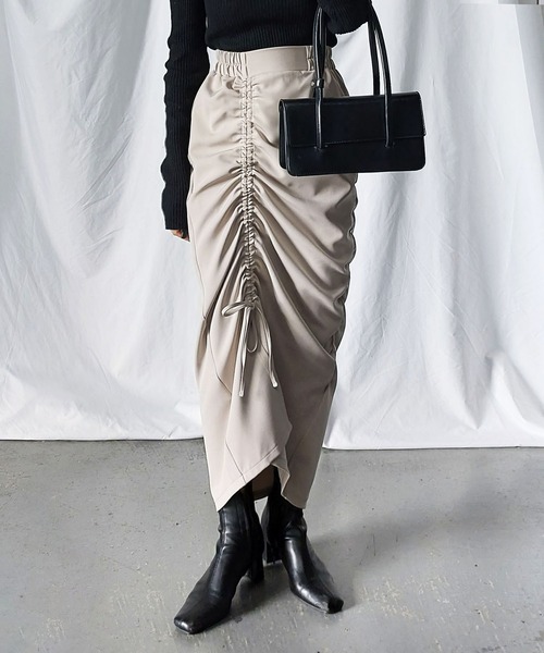 エムミーエメ　カットアウトリボンギャザートップス　スカート スカート レディース 春夏秋 膝下丈 マーメイド ギャザー 紐リボン