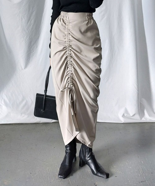セール】※※【 7color 】シャーリングリボンギャザースリットスカート
