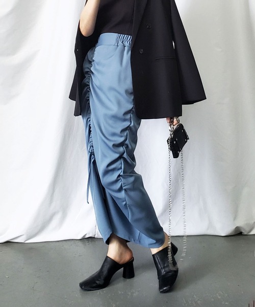 セール】※※【 7color 】シャーリングリボンギャザースリットスカート