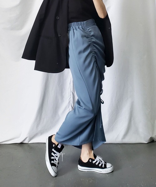 me⭐︎黒シャーリング？絞り?スカート⭐︎フリーサイズ セール】※※【 7color 】シャーリングリボンギャザースリット