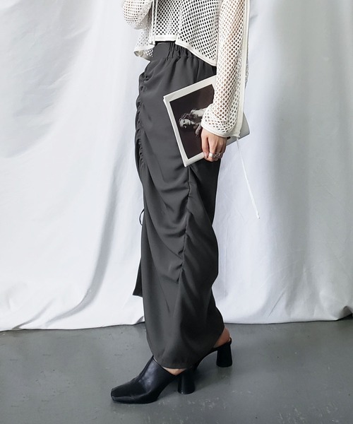 セール】※※【 7color 】シャーリングリボンギャザースリットスカート