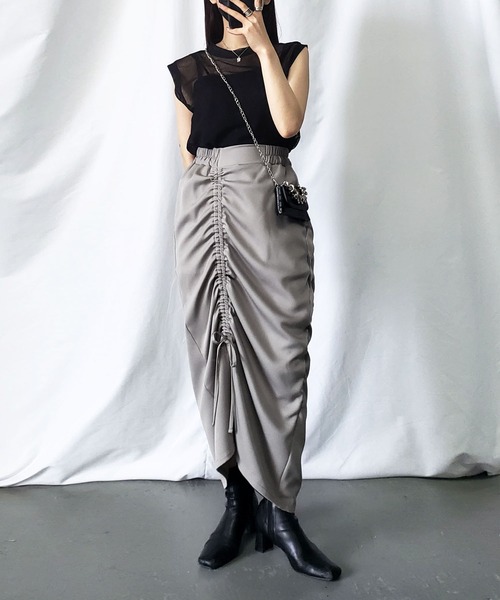 セール】※※【 7color 】シャーリングリボンギャザースリットスカート