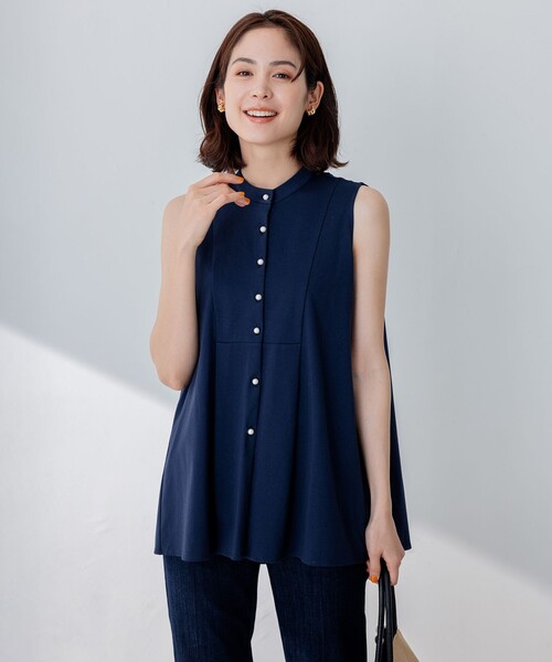 組曲（クミキョク）の「【洗える】ブラウスライクジャージーノースリーブ カットソー（Tシャツ/カットソー・レディース・ネイビー系/サックスブルー系/アイボリー系・2）」の3枚目の写真