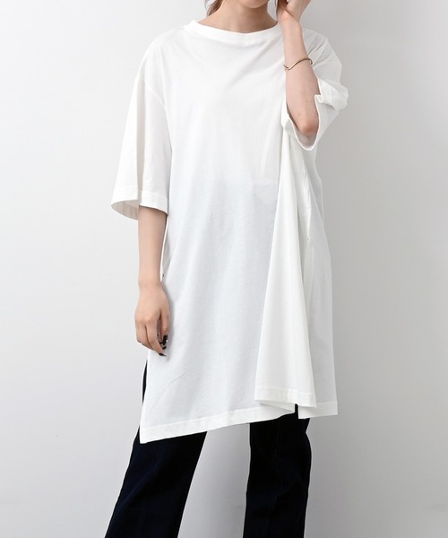 Felt-Maglietta(フェルトマリエッタ)の「サイドスリットコットンチュニックワンピ(Tシャツ/カットソー・レディース・ホワイト/グレー/ブラック/ライトベージュ・M-L/LL~3L/4L~5L)」の1枚目の写真