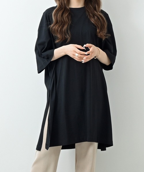 Felt-Maglietta(フェルトマリエッタ)の「サイドスリットコットンチュニックワンピ(Tシャツ/カットソー・レディース・ホワイト/グレー/ブラック/ライトベージュ・M-L/LL~3L/4L~5L)」の2枚目の写真