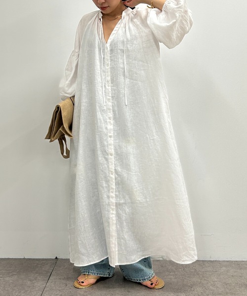 LOUNGEDRESS(ラウンジドレス)の「リネンシャツワンピース(シャツワンピース・レディース・オフホワイト/ピンク・FREE)」の7枚目の写真