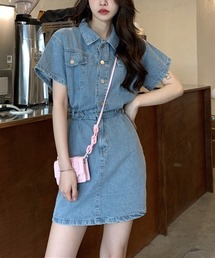 gossip！ロサンゼルス | ウエストマーク半袖デニムミニワンピース(ワンピース)