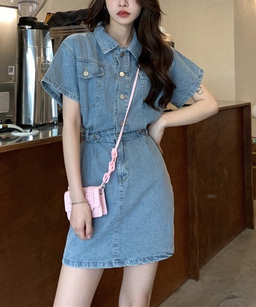 gossip!ロサンゼルス(ゴシップロサンゼルス)の「ウエストマーク半袖デニムミニワンピース(ワンピース・レディース・ライトブルー/ブルー/イエロー/ピンク・M/S/L)」の7枚目の写真