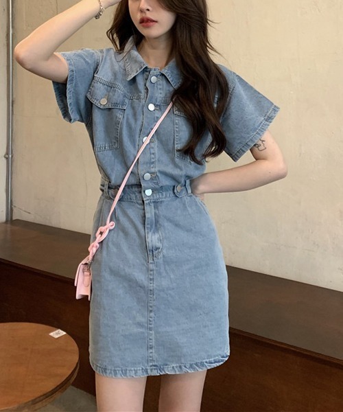 gossip!ロサンゼルス(ゴシップロサンゼルス)の「ウエストマーク半袖デニムミニワンピース(ワンピース・レディース・ライトブルー/ブルー/イエロー/ピンク・M/S/L)」の8枚目の写真