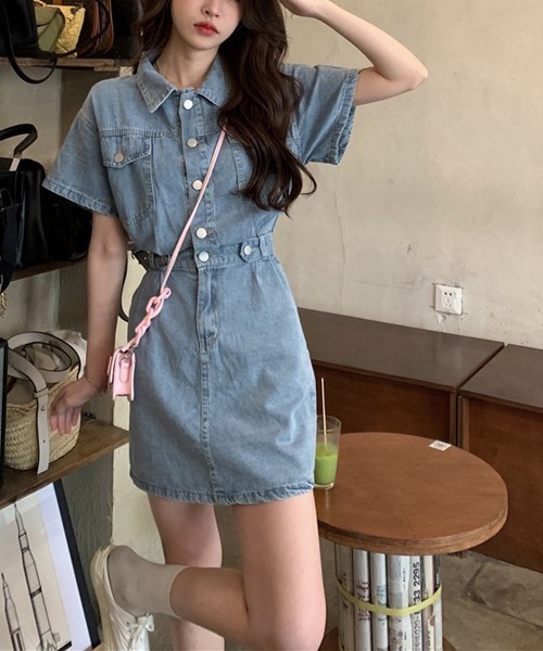 gossip!ロサンゼルス(ゴシップロサンゼルス)の「ウエストマーク半袖デニムミニワンピース(ワンピース・レディース・ライトブルー/ブルー/イエロー/ピンク・M/S/L)」の12枚目の写真