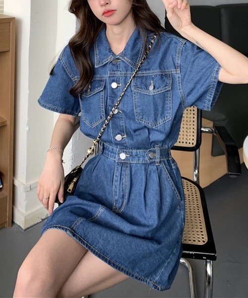 gossip!ロサンゼルス(ゴシップロサンゼルス)の「ウエストマーク半袖デニムミニワンピース(ワンピース・レディース・ライトブルー/ブルー/イエロー/ピンク・M/S/L)」の19枚目の写真