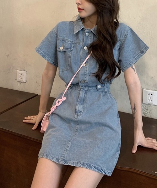 gossip!ロサンゼルス(ゴシップロサンゼルス)の「ウエストマーク半袖デニムミニワンピース(ワンピース・レディース・ライトブルー/ブルー/イエロー/ピンク・M/S/L)」の13枚目の写真