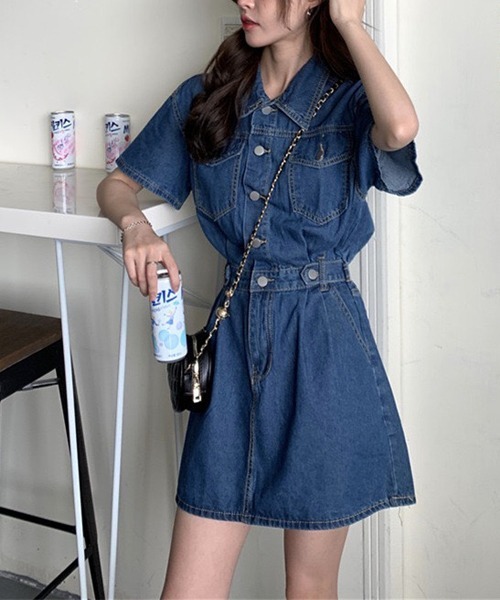 gossip!ロサンゼルス(ゴシップロサンゼルス)の「ウエストマーク半袖デニムミニワンピース(ワンピース・レディース・ライトブルー/ブルー/イエロー/ピンク・M/S/L)」の20枚目の写真