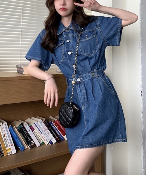 gossip!ロサンゼルス(ゴシップロサンゼルス)の「ウエストマーク半袖デニムミニワンピース(ワンピース・レディース・ライトブルー/ブルー/イエロー/ピンク・M/S/L)」の21枚目の写真