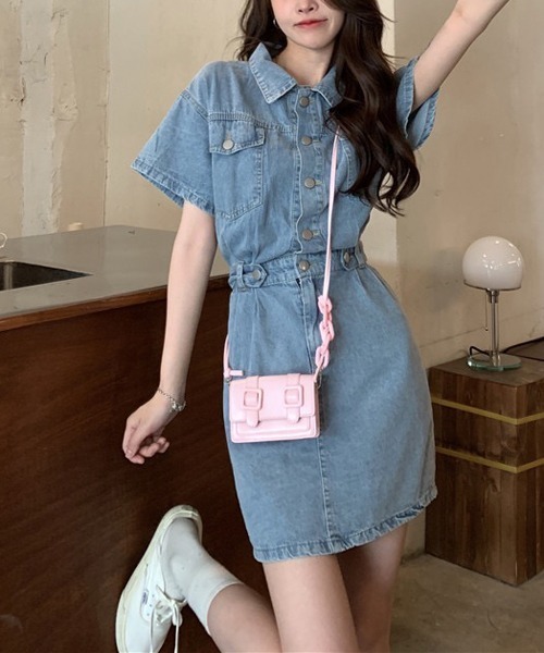 gossip!ロサンゼルス(ゴシップロサンゼルス)の「ウエストマーク半袖デニムミニワンピース(ワンピース・レディース・ライトブルー/ブルー/イエロー/ピンク・M/S/L)」の9枚目の写真