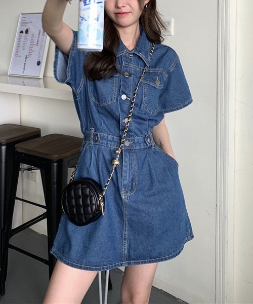 gossip!ロサンゼルス(ゴシップロサンゼルス)の「ウエストマーク半袖デニムミニワンピース(ワンピース・レディース・ライトブルー/ブルー/イエロー/ピンク・M/S/L)」の15枚目の写真