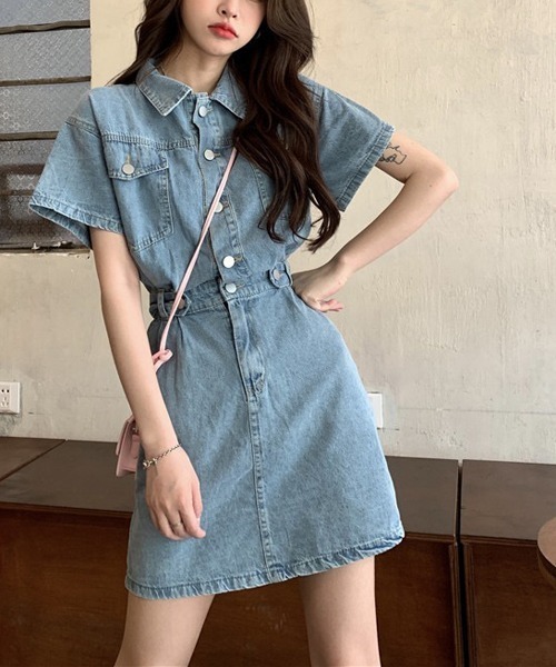 gossip!ロサンゼルス(ゴシップロサンゼルス)の「ウエストマーク半袖デニムミニワンピース(ワンピース・レディース・ライトブルー/ブルー/イエロー/ピンク・M/S/L)」の6枚目の写真