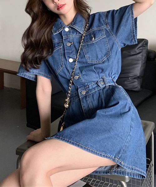 gossip!ロサンゼルス(ゴシップロサンゼルス)の「ウエストマーク半袖デニムミニワンピース(ワンピース・レディース・ライトブルー/ブルー/イエロー/ピンク・M/S/L)」の17枚目の写真