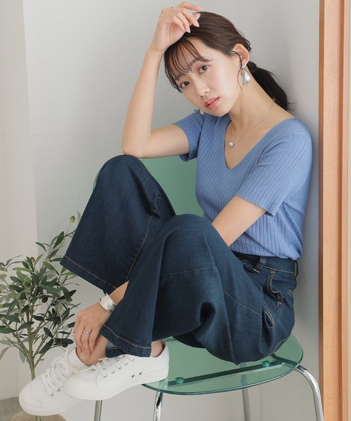ニット セーター Vネックハーフスリーブサマーニット レディース a.v.v ニット セーター 「接触冷感/UVカット/洗える」Vネック