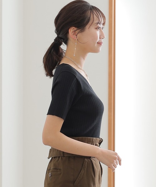 Vネックハーフスリーブサマーニット（ニット/セーター）｜ElegChic