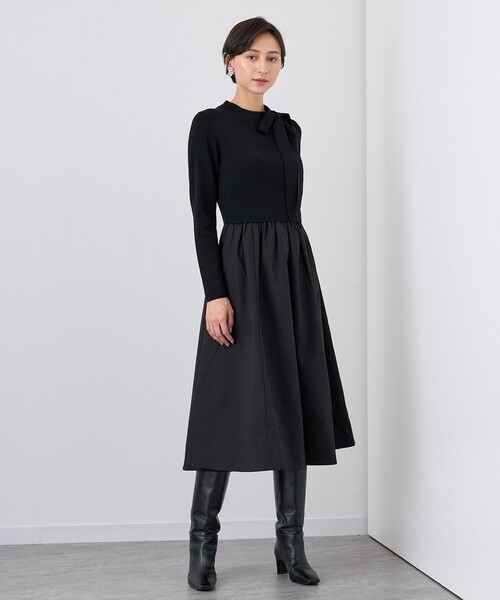 ANAYI リボン付き タフタドッキングワンピース 黒 38 ANAYI ワンピース