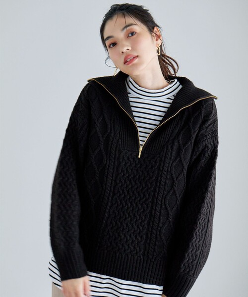 セール】ソフトアクリルハーフジップケーブルニット（ニット/セーター